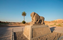 A picture taken on June 29, 2019 shows the Babel's Lion at the ancient archaeological site of Babylon, south of the Iraqi capital Baghdad.